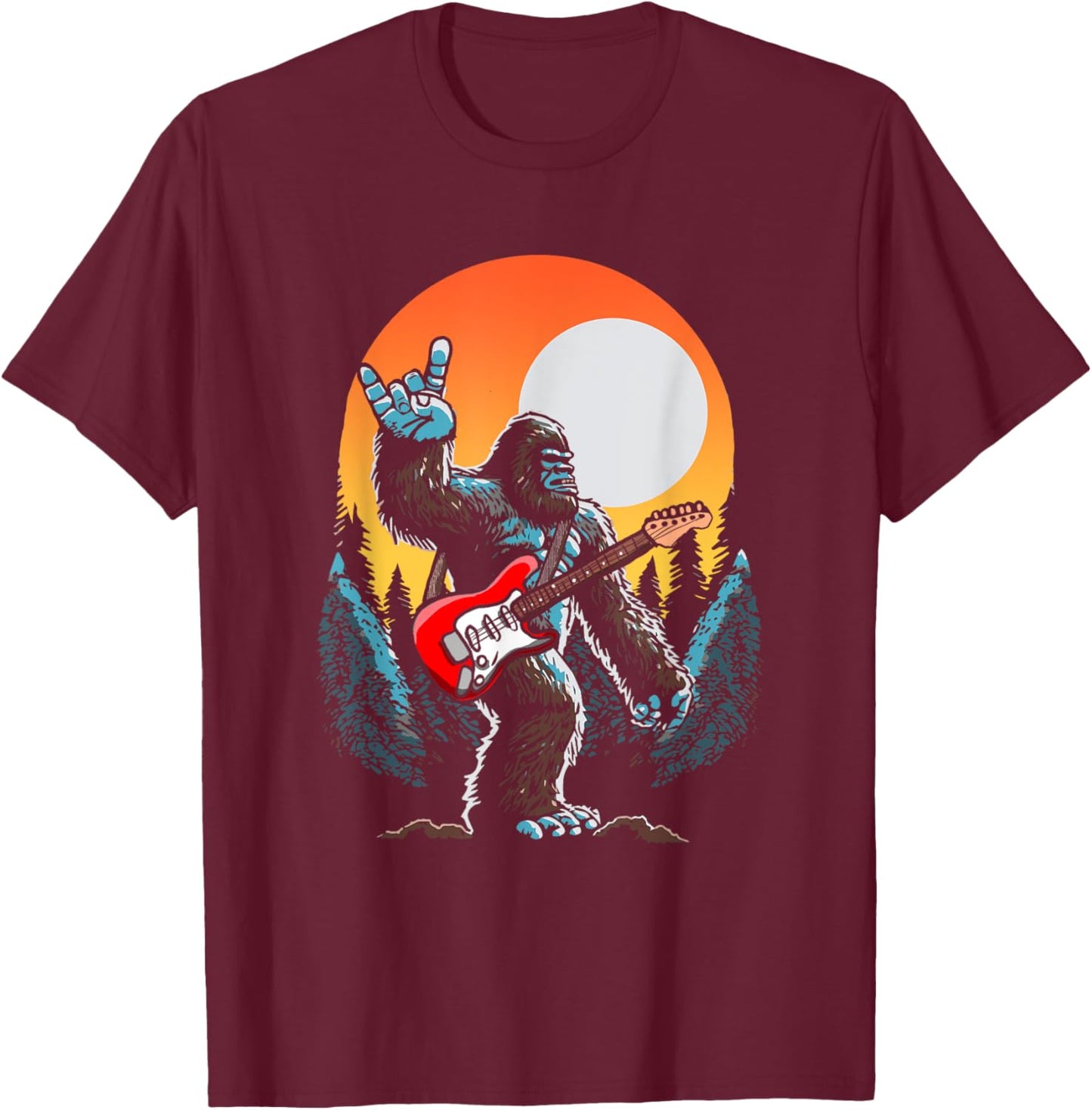 Rock On Sasquatch Rock And Roll Bigfoot Electric Guitar T-Shirt - T-Shirt | Maroon