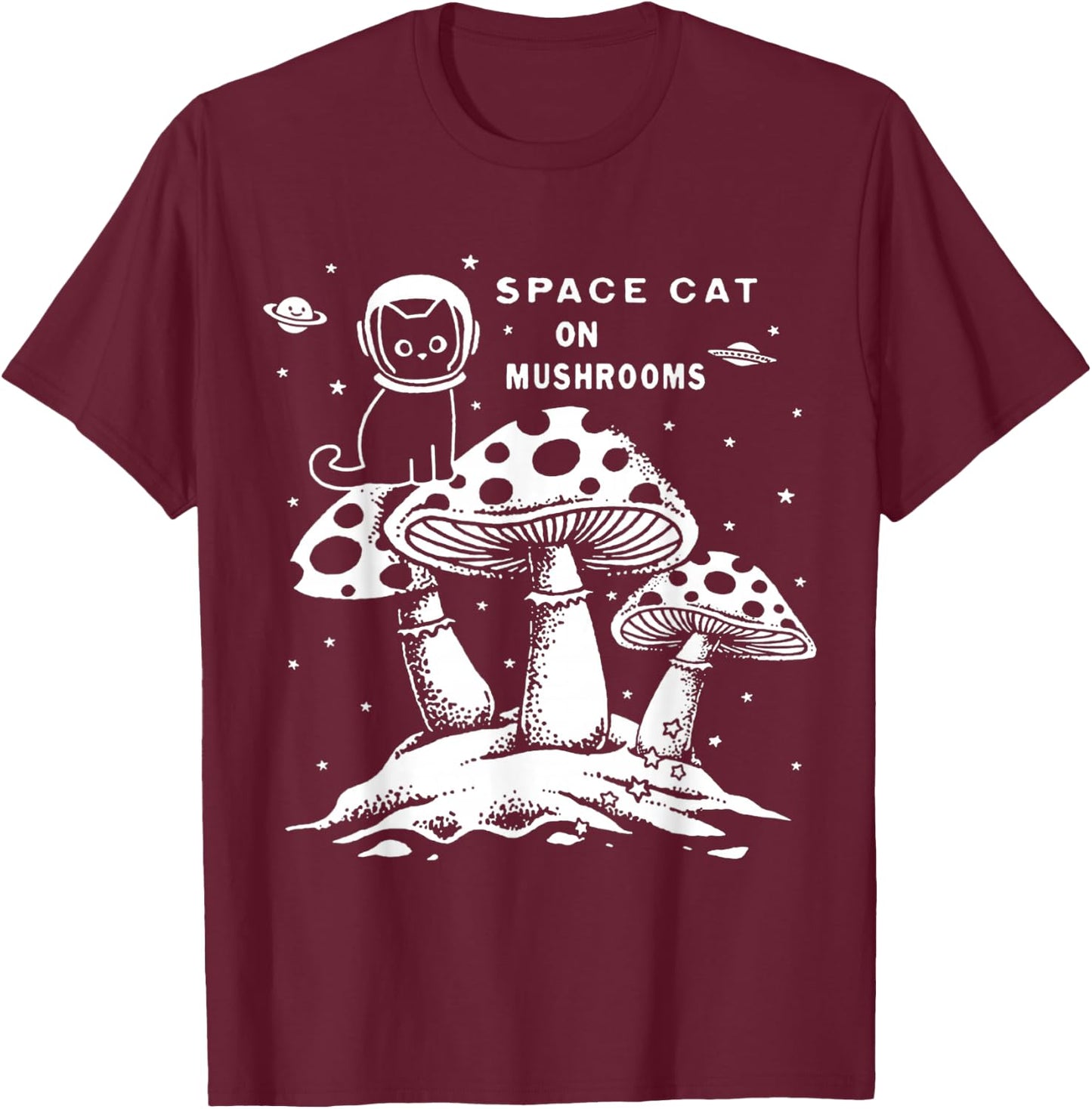 Space Cat on Mushrooms T-Shirt - T-Shirt | Maroon