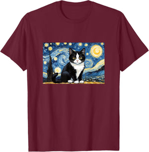 Cat Tuxedo Funny Design Starry Night T-Shirt - T-Shirt | Maroon