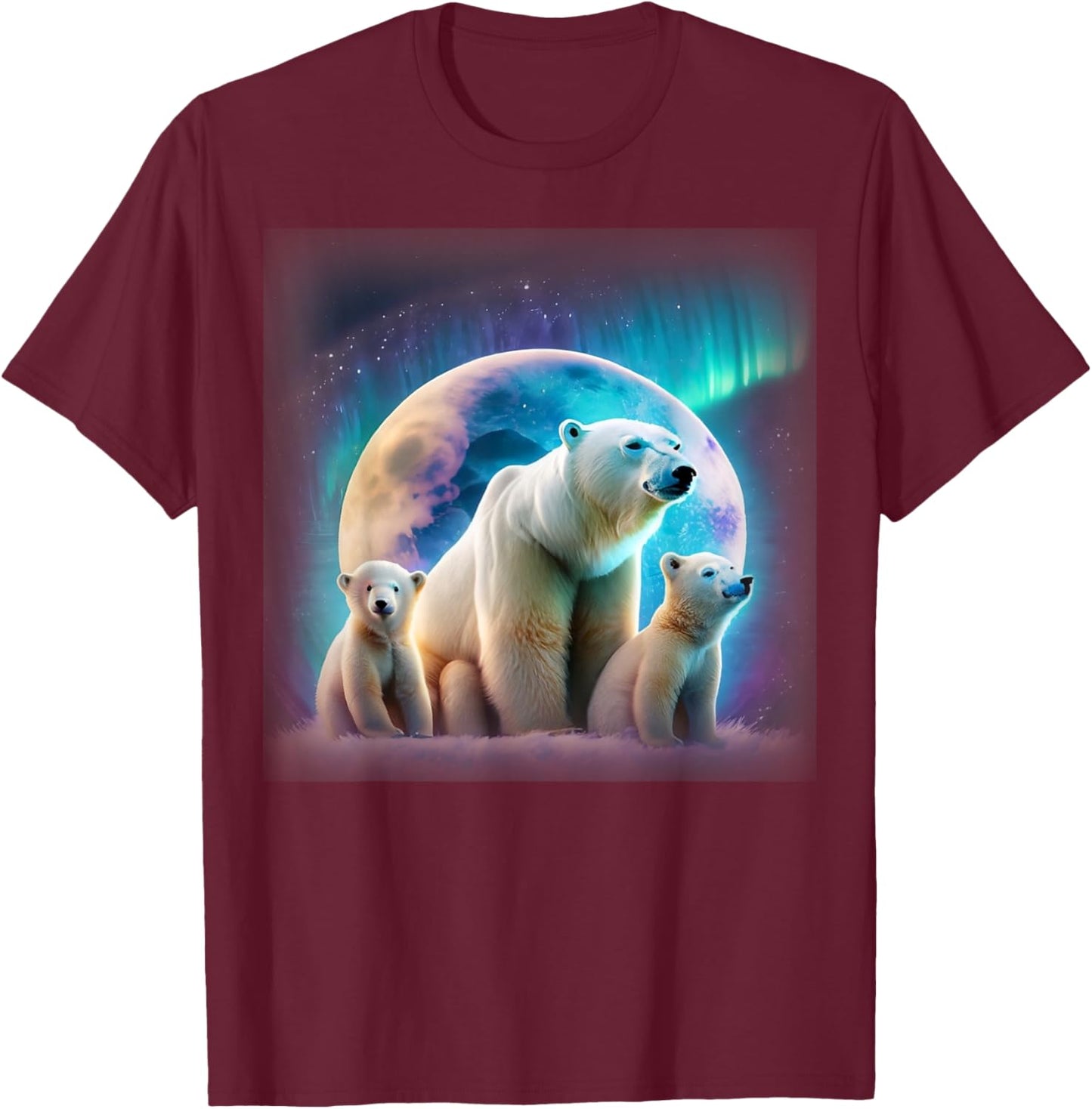 Mother and Baby Polar Bears Under Northern Lights and Moon T-Shirt - T-Shirt | Maroon