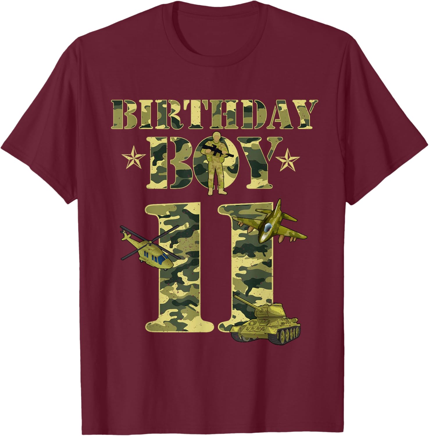 11th Birthday Military Themed Camo Boys 11 Yrs Old Soldier T-Shirt - T-Shirt | Maroon