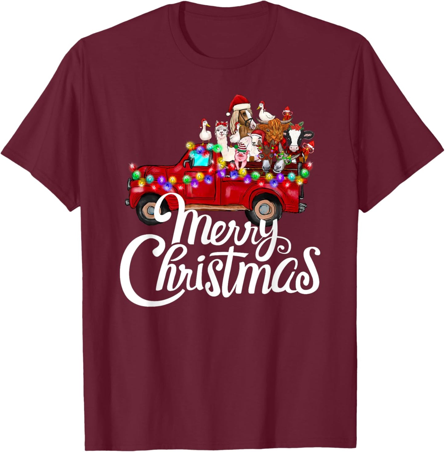 Merry Christmas cute Christmas Farm animal Truck T-Shirt - T-Shirt | Maroon