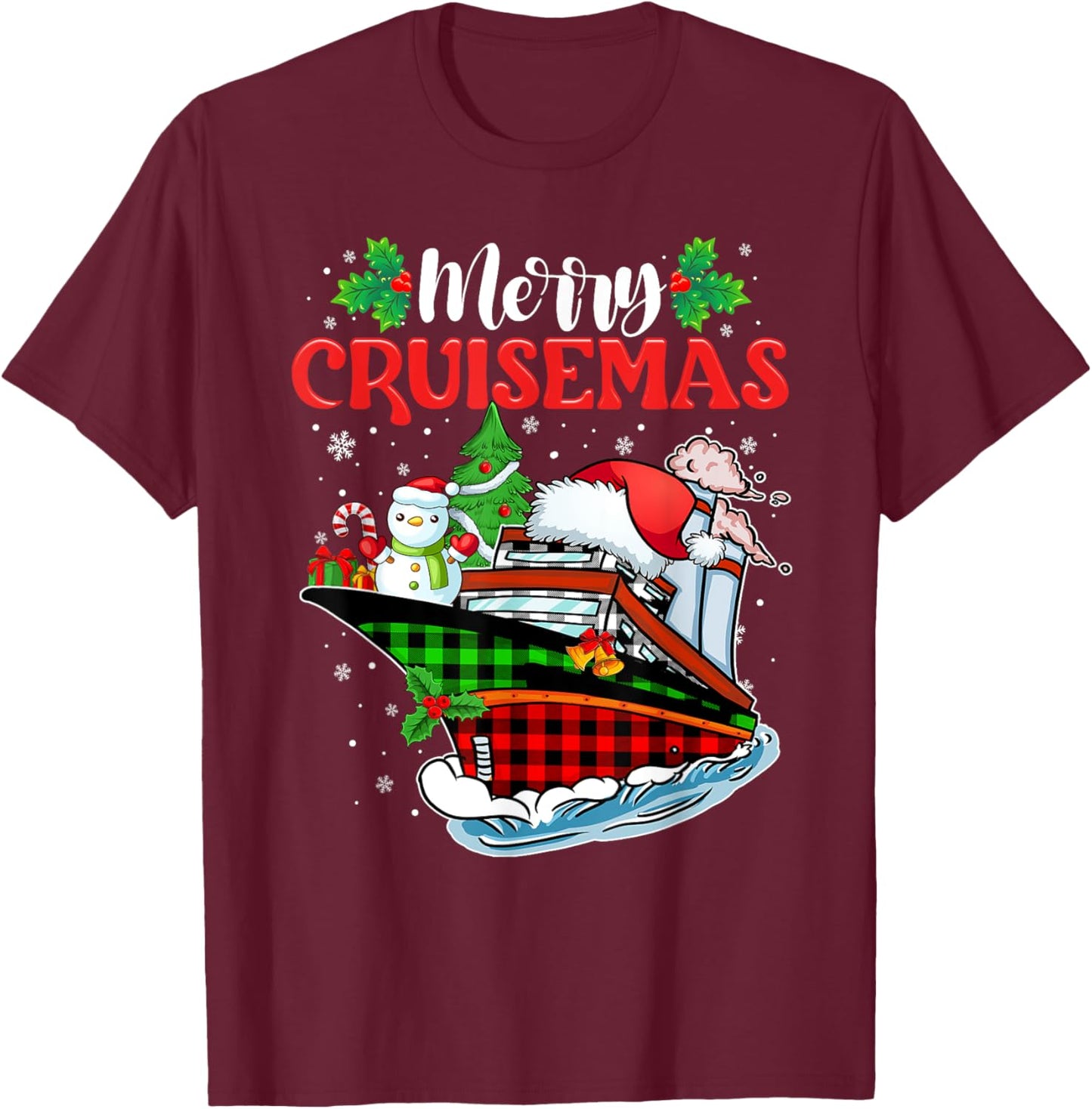 Merry Cruisemas 2025 Christmas Santa Reindeer Cruise Ship T-Shirt - T-Shirt | Maroon