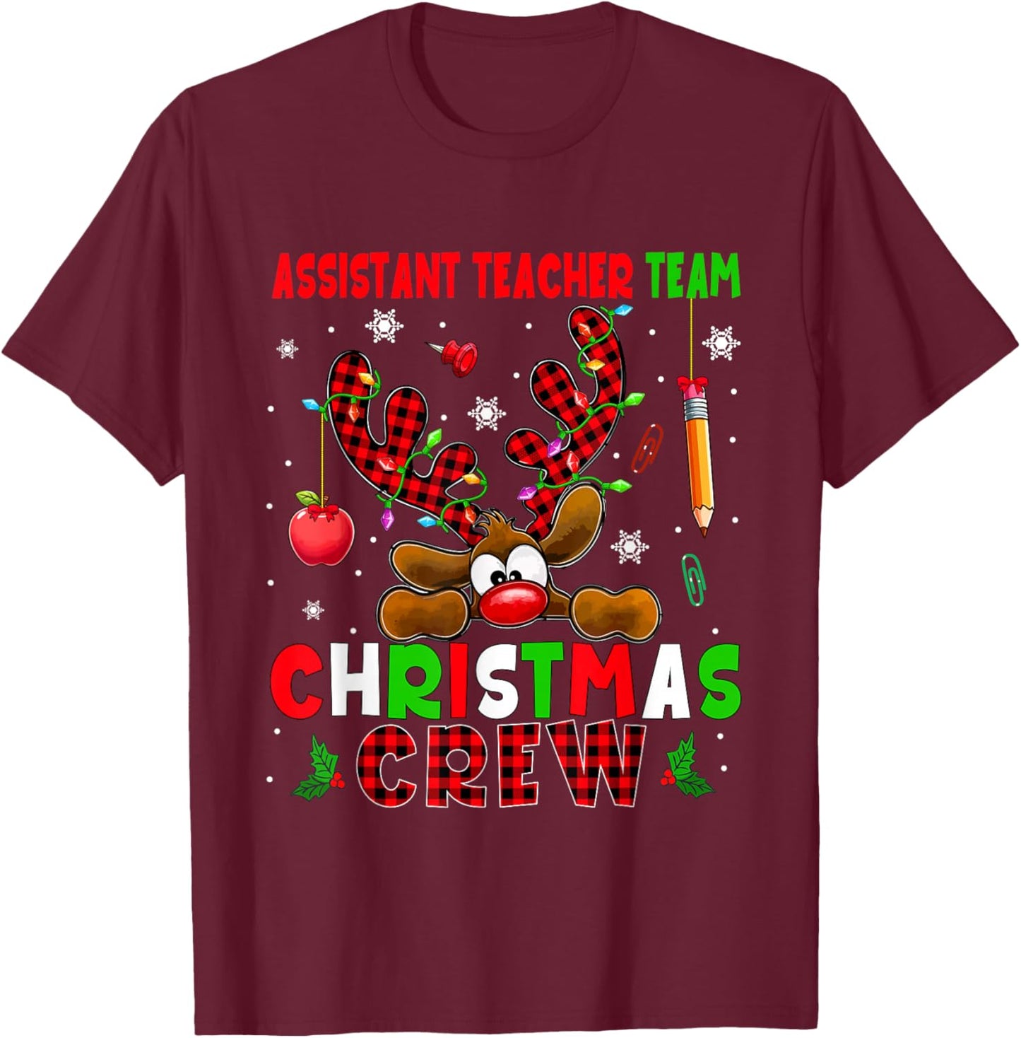 Assistant Teacher Team Christmas Crew Job Colorful Reindeer T-Shirt - T-Shirt | Maroon