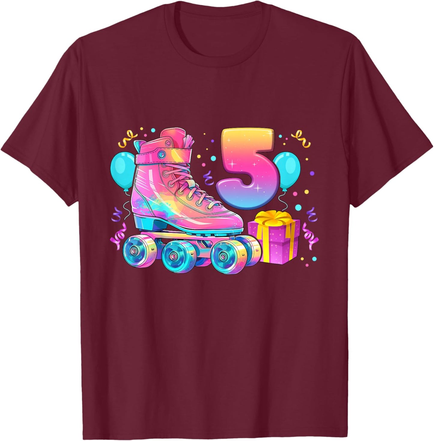 5th Birthday Girl 5 Years, Roller Skates, Number 5 T-Shirt - T-Shirt | Maroon