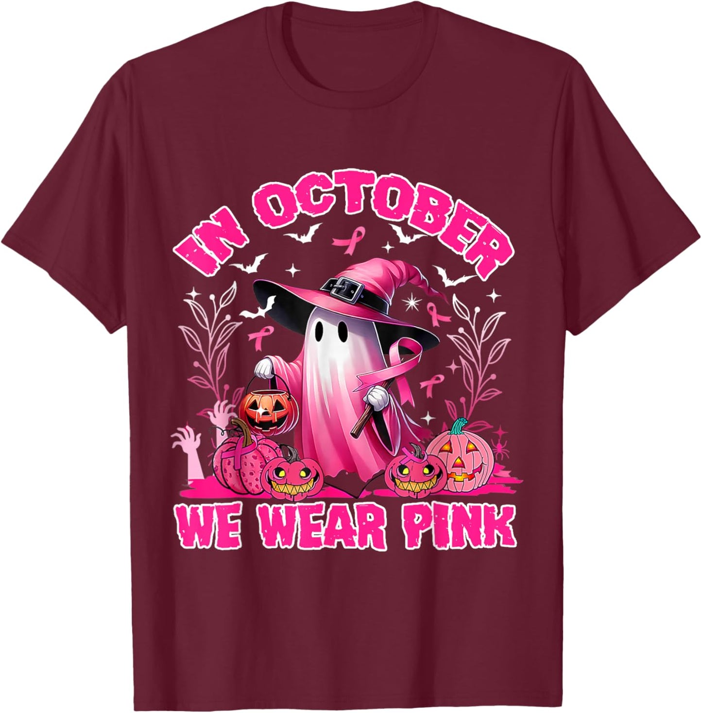 In October We Wear Pink Ghost Witch Breast Cancer Awareness T-Shirt - T-Shirt | Maroon