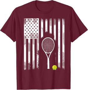 Tennis American Flag USA America Tennis Open Patriot T-Shirt - T-Shirt | Maroon