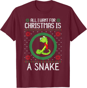 All I Want for Christmas is A Snake Funny Xmas Sweater Retro T-Shirt - T-Shirt | Maroon