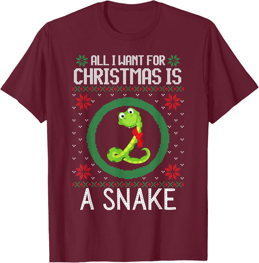 All I Want for Christmas is A Snake Funny Xmas Sweater Retro T-Shirt - T-Shirt | Maroon