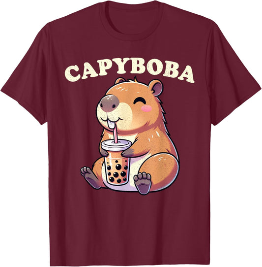Capybara Shirt Funny Capybara Rodent, Capyboba Boba Milk Tea T-Shirt - T-Shirt | Maroon