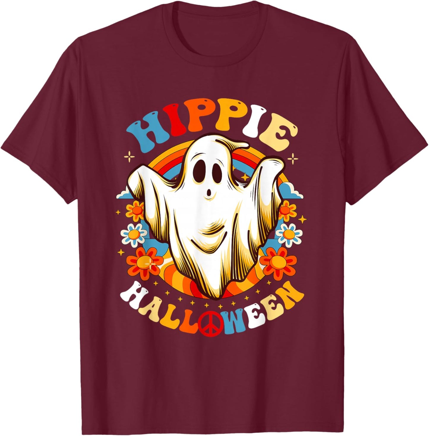 Retro Groovy Peace Hippie Halloween Vintage Floral Ghost T-Shirt - T-Shirt | Maroon