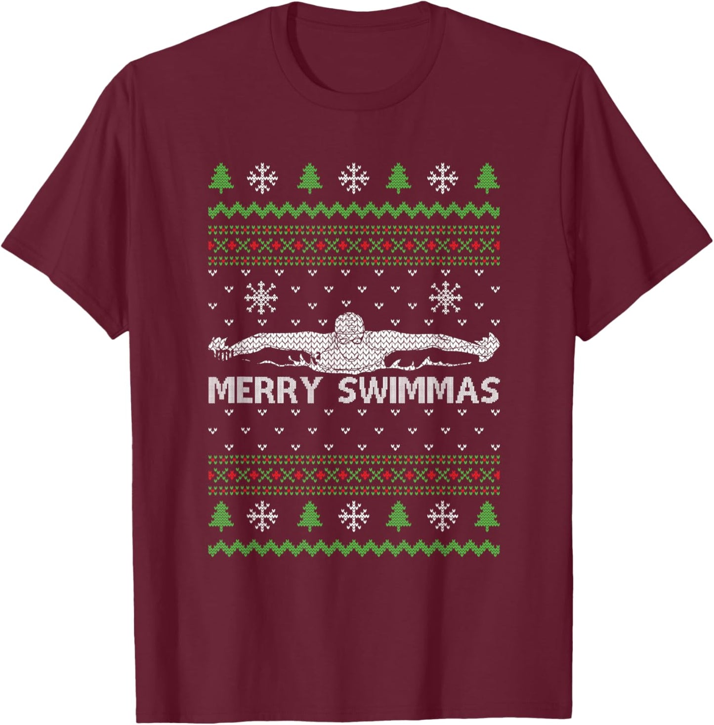 Merry Swimmas Ugly Christmas Swimming Sports T-Shirt - T-Shirt | Maroon