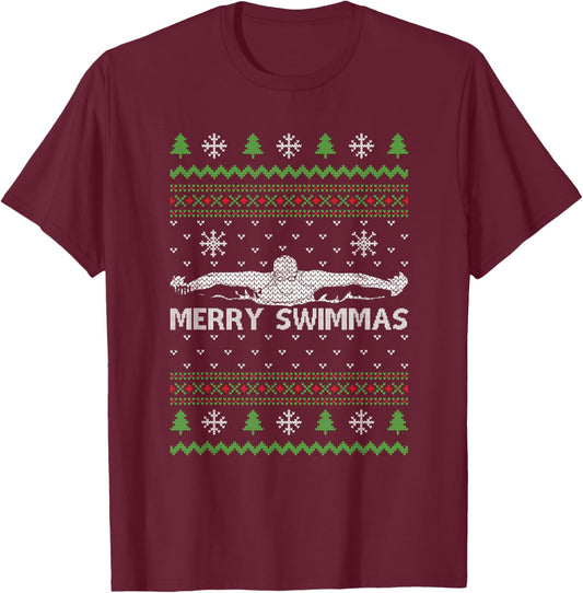 Merry Swimmas Ugly Christmas Swimming Sports T-Shirt - T-Shirt | Maroon