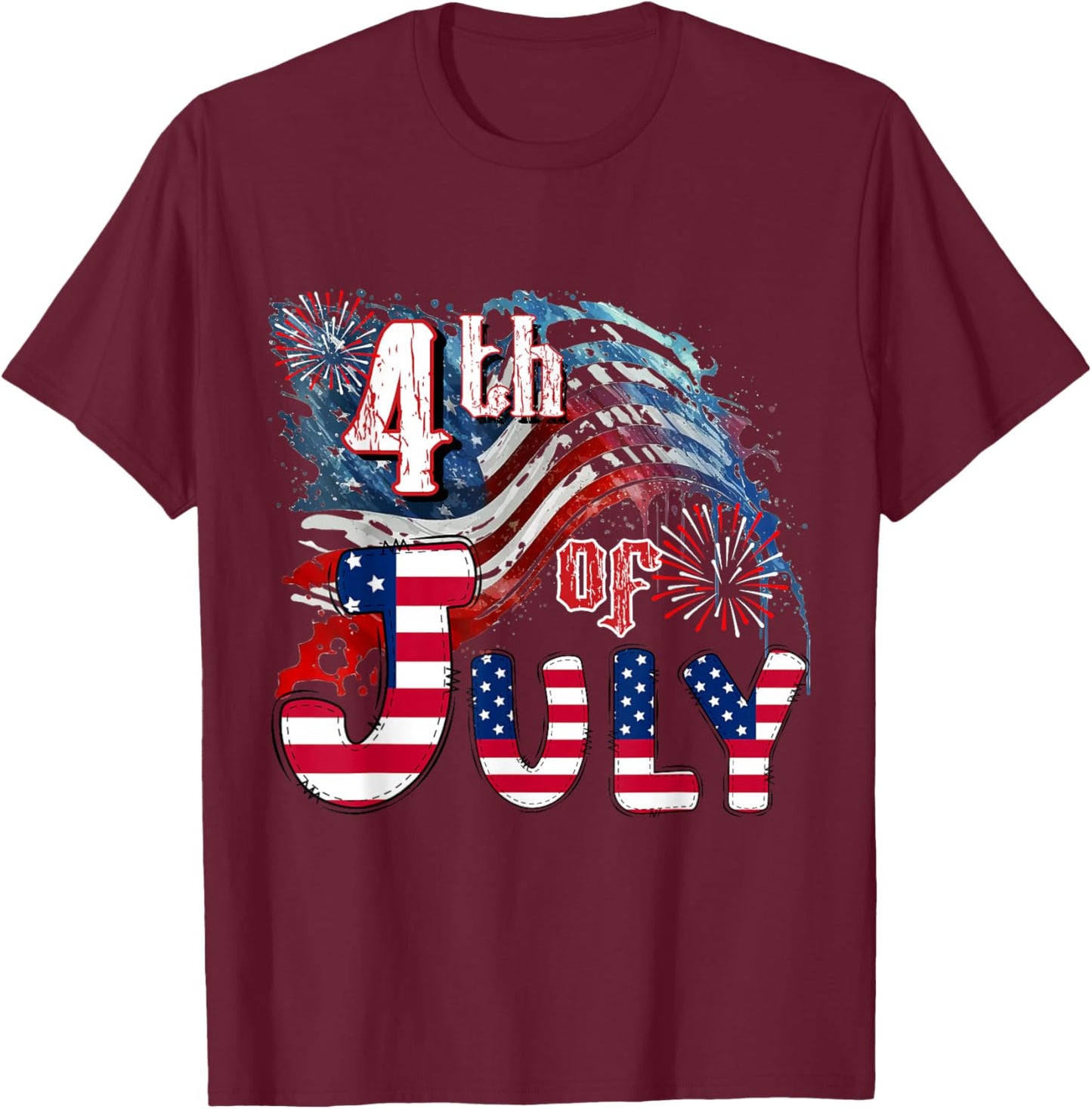 Fireworks Happy 4th Of July US Flag American 4th Of July T-Shirt - T-Shirt | Maroon