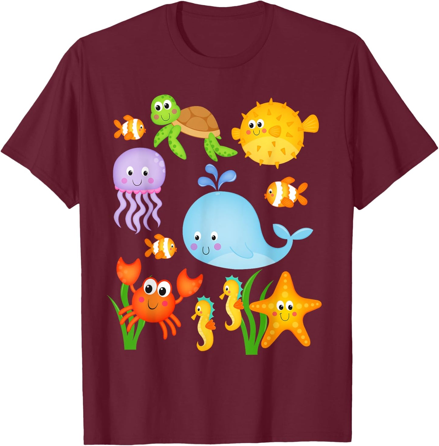 Sea Ocean Animals Whale Octopus Starfish Crab Kids Toddlers T-Shirt - T-Shirt | Maroon