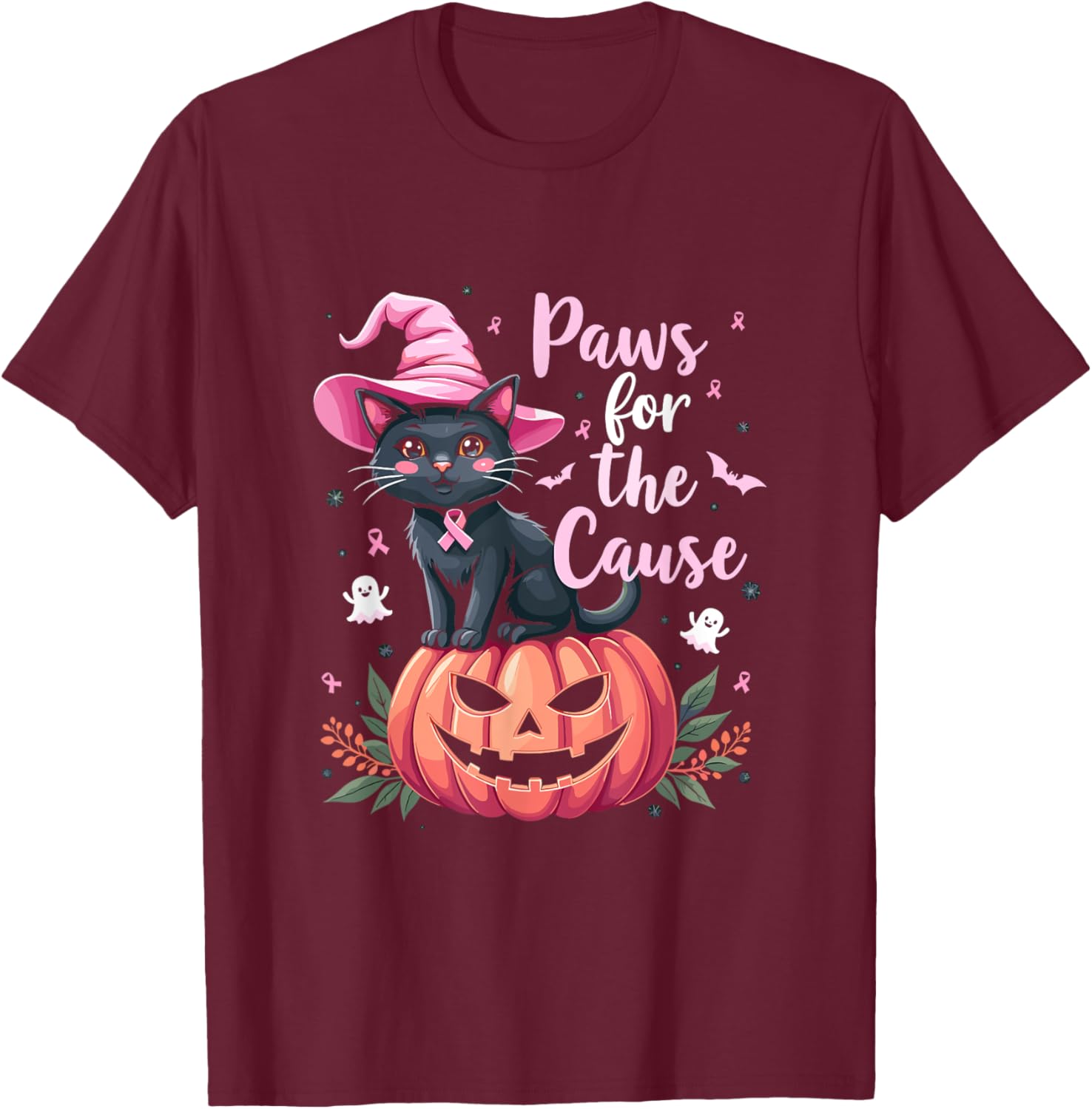 Paws For The Cause Pink Ribbon Witch Hat Pumpkin T-Shirt - T-Shirt | Maroon