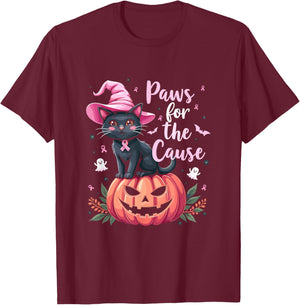 Paws For The Cause Pink Ribbon Witch Hat Pumpkin T-Shirt - T-Shirt | Maroon