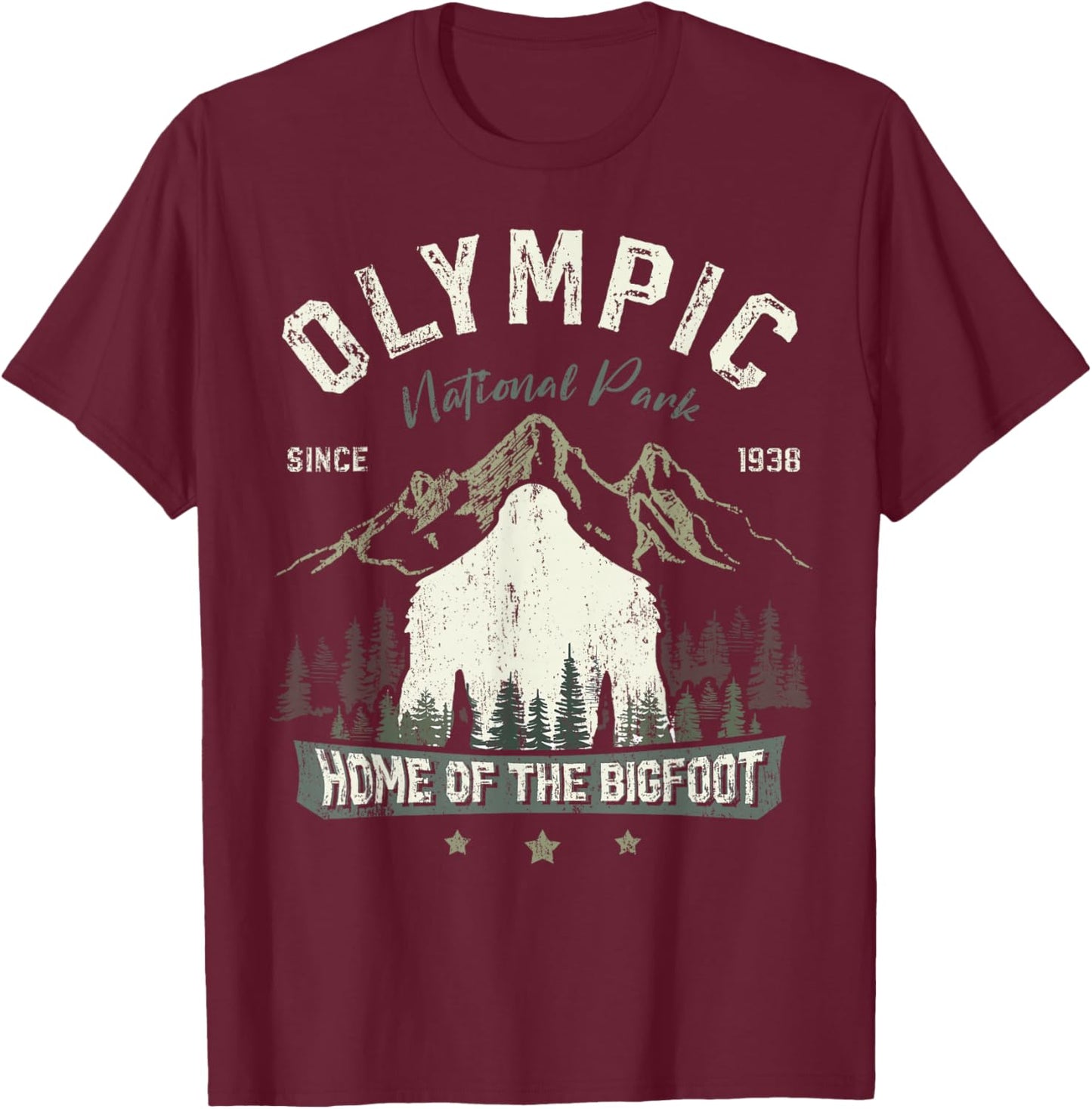 Olympic National Park Bigfoot Sasquatch Washington State T-Shirt - T-Shirt | Maroon