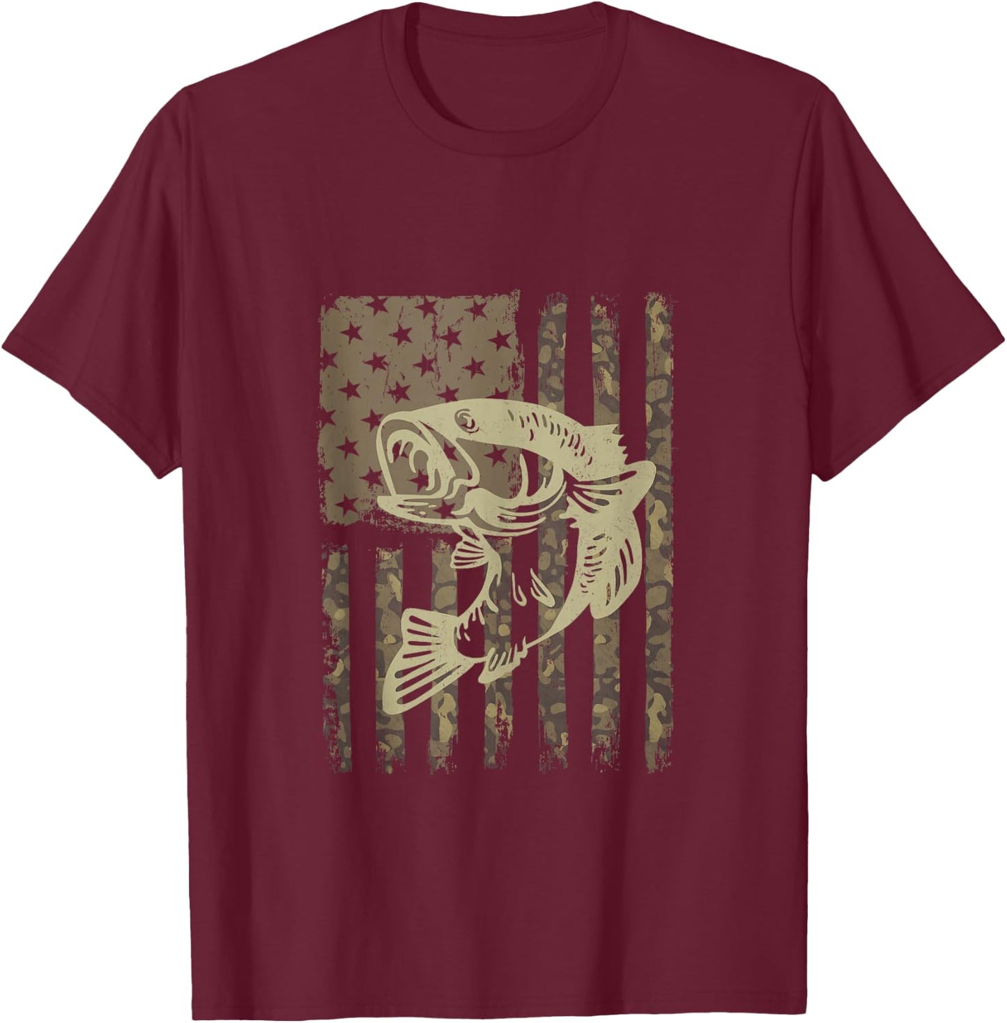 Camouflage USA Flag Big Mouth Bass Vintage Fishing T-Shirt - T-Shirt | Maroon