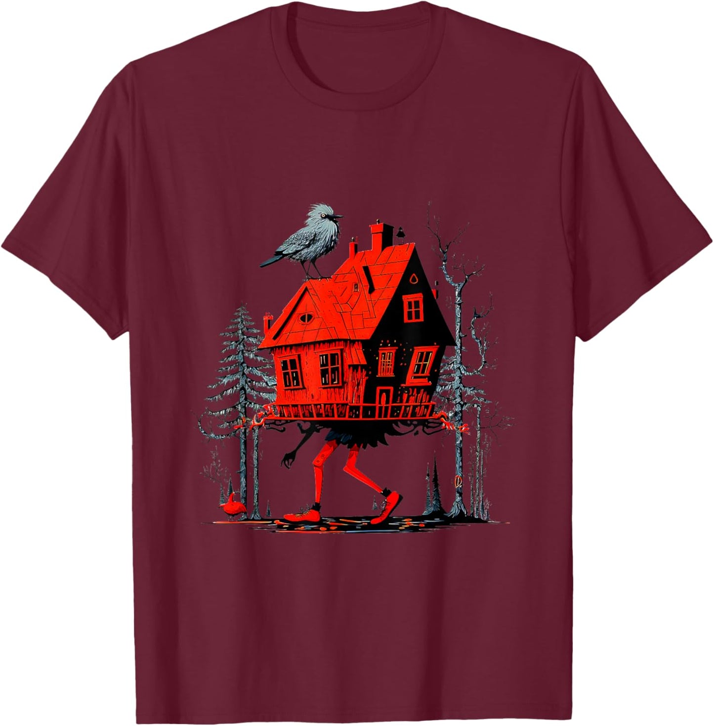 Walking House on Chicken Legs Slavic folklore Baba Yaga Art T-Shirt - T-Shirt | Maroon