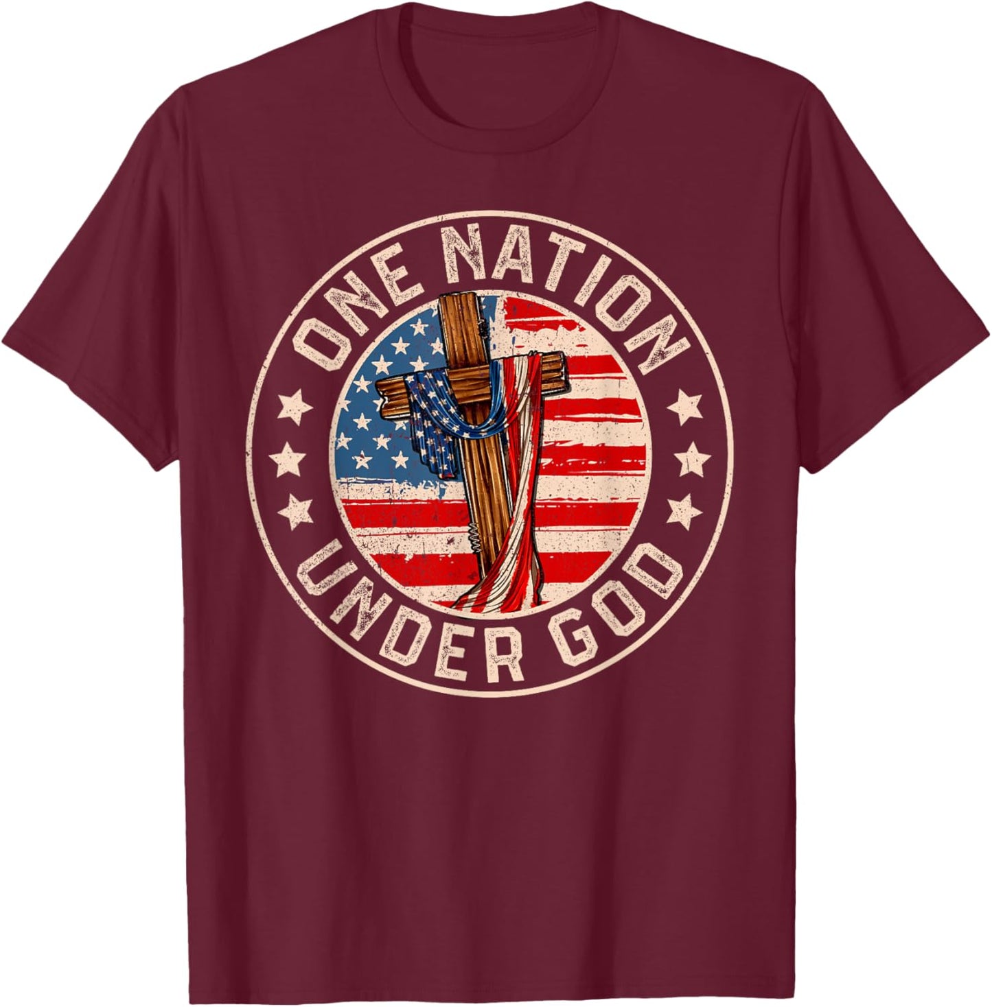 One Nation Under God American USA Flag Patriotic 4th July T-Shirt - T-Shirt | Maroon