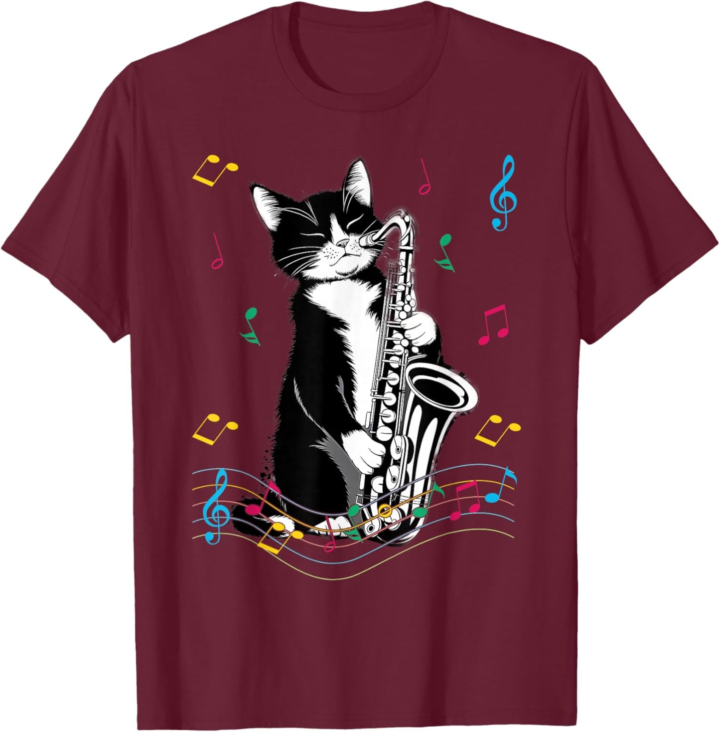 Cat Playing Saxophone Funny Cat Jazz Sax Music Saxophonist T-Shirt - T-Shirt | Maroon