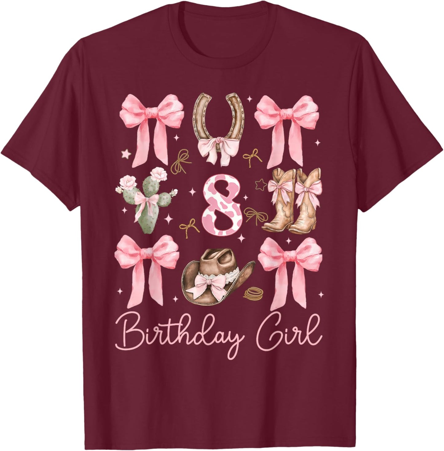8th Birthday Girl Cowgirl Coquette Bow 8 Year Old Western T-Shirt - T-Shirt | Maroon