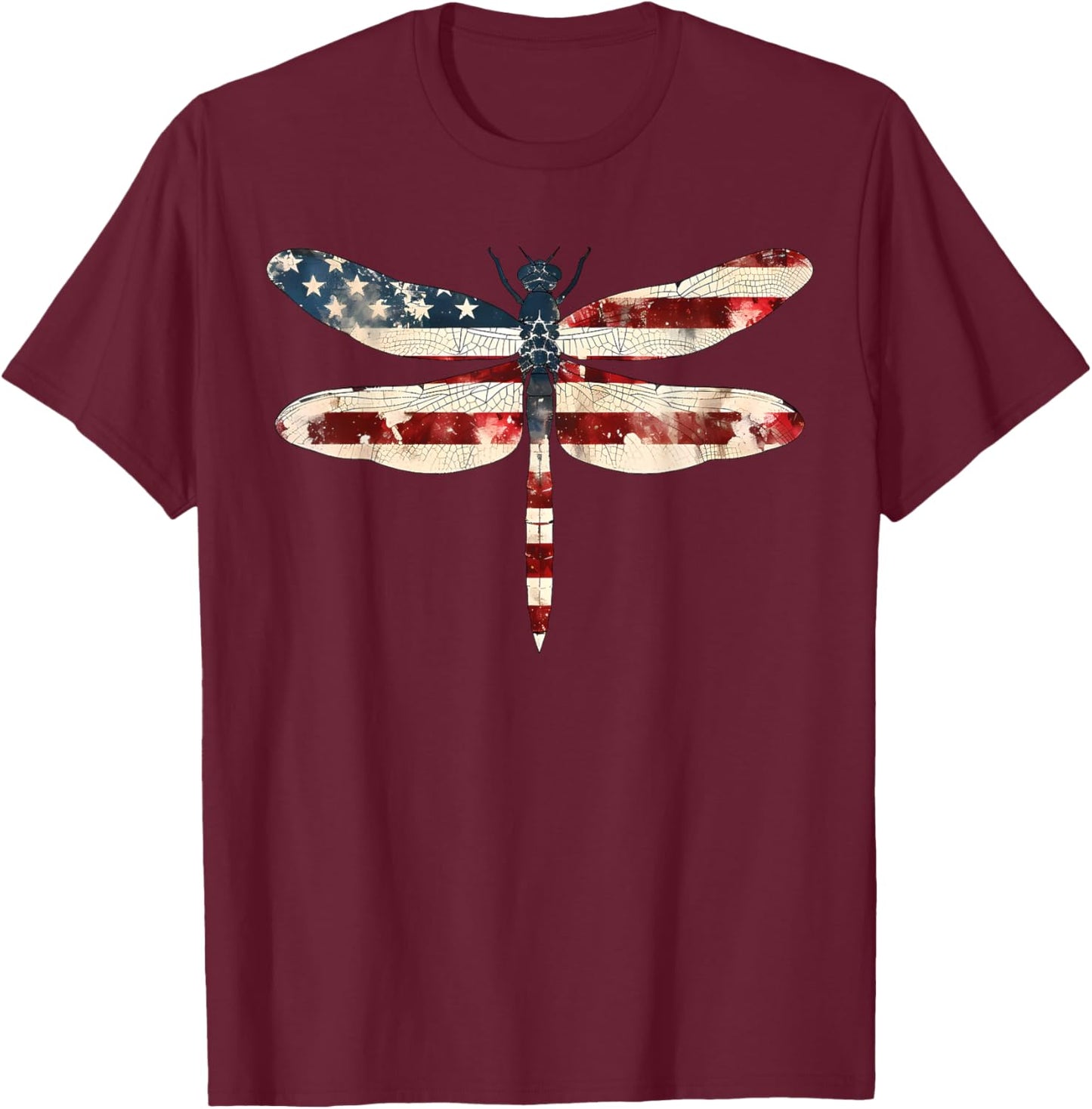 American Flag Dragonfly Patriotic 4th of July Red White Blue T-Shirt - T-Shirt | Maroon