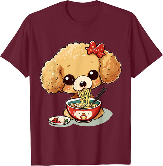 Toy Poodle eating Ramen Noodle Soup Anime Kawaii Graphic T-Shirt - T-Shirt | Maroon