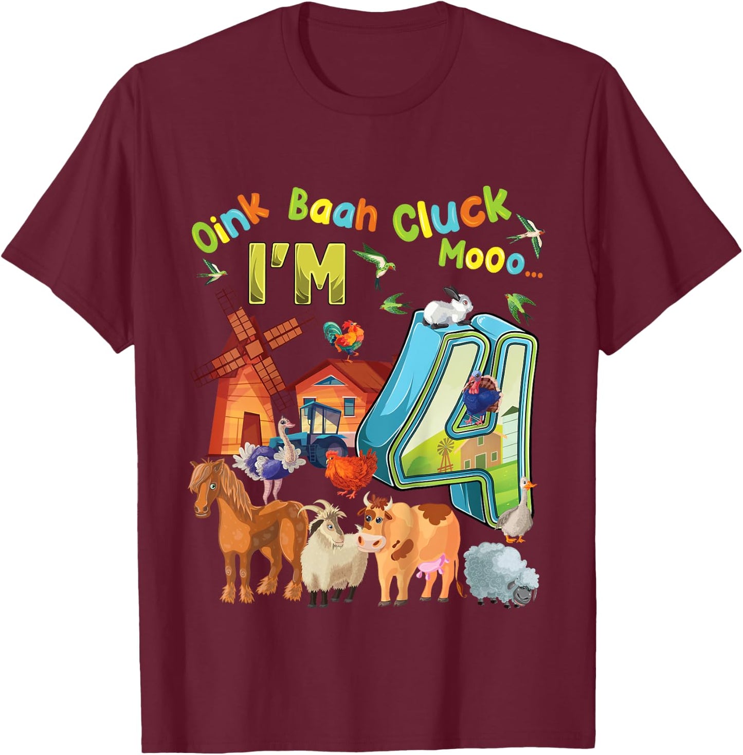 Barnyard 4th Birthday Farm Animals 4 Years Old Farming T-Shirt - T-Shirt | Maroon