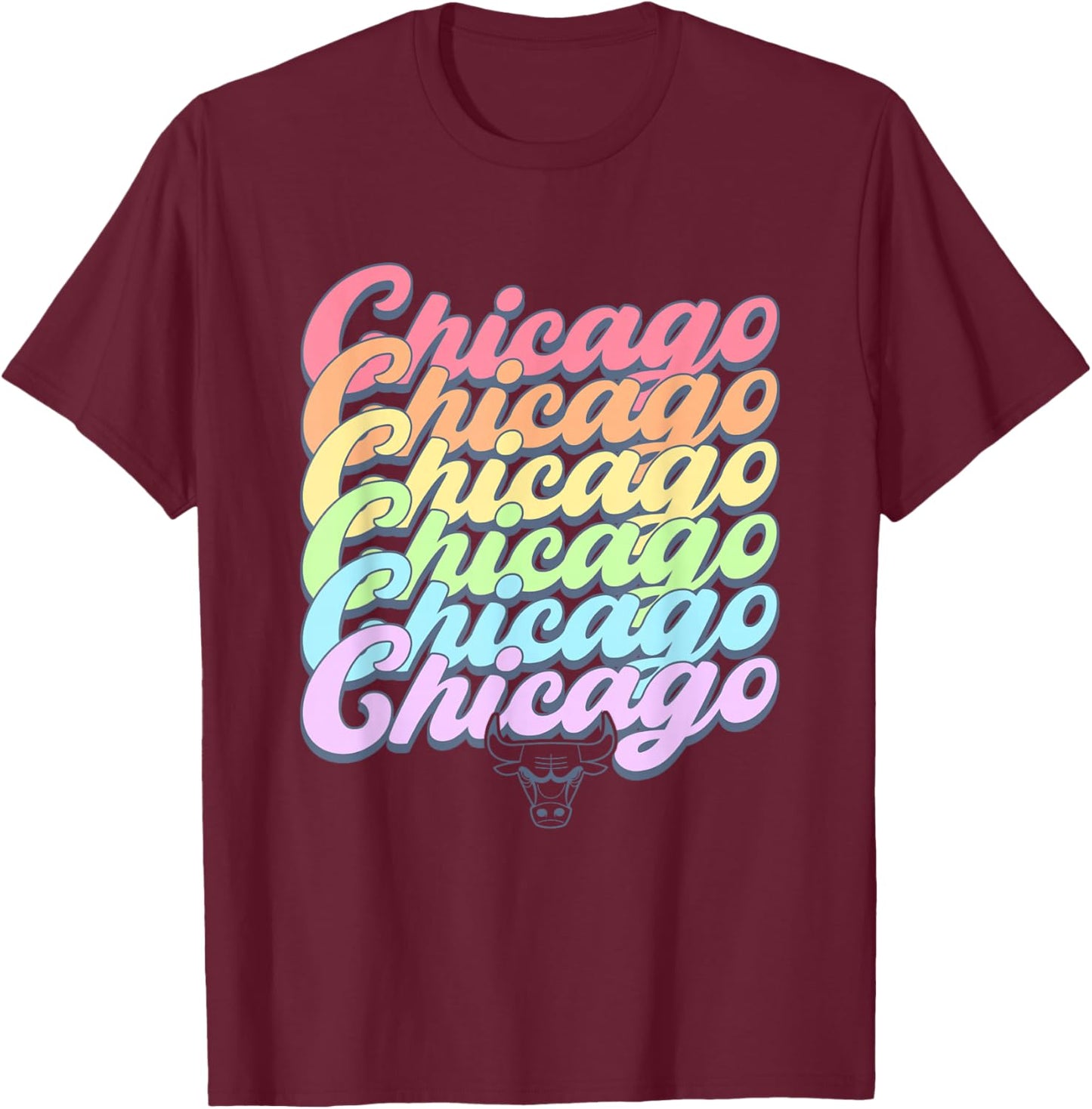 NBA Chicago Bulls Pastel Rainbow Pride Stack T-Shirt - T-Shirt | Maroon