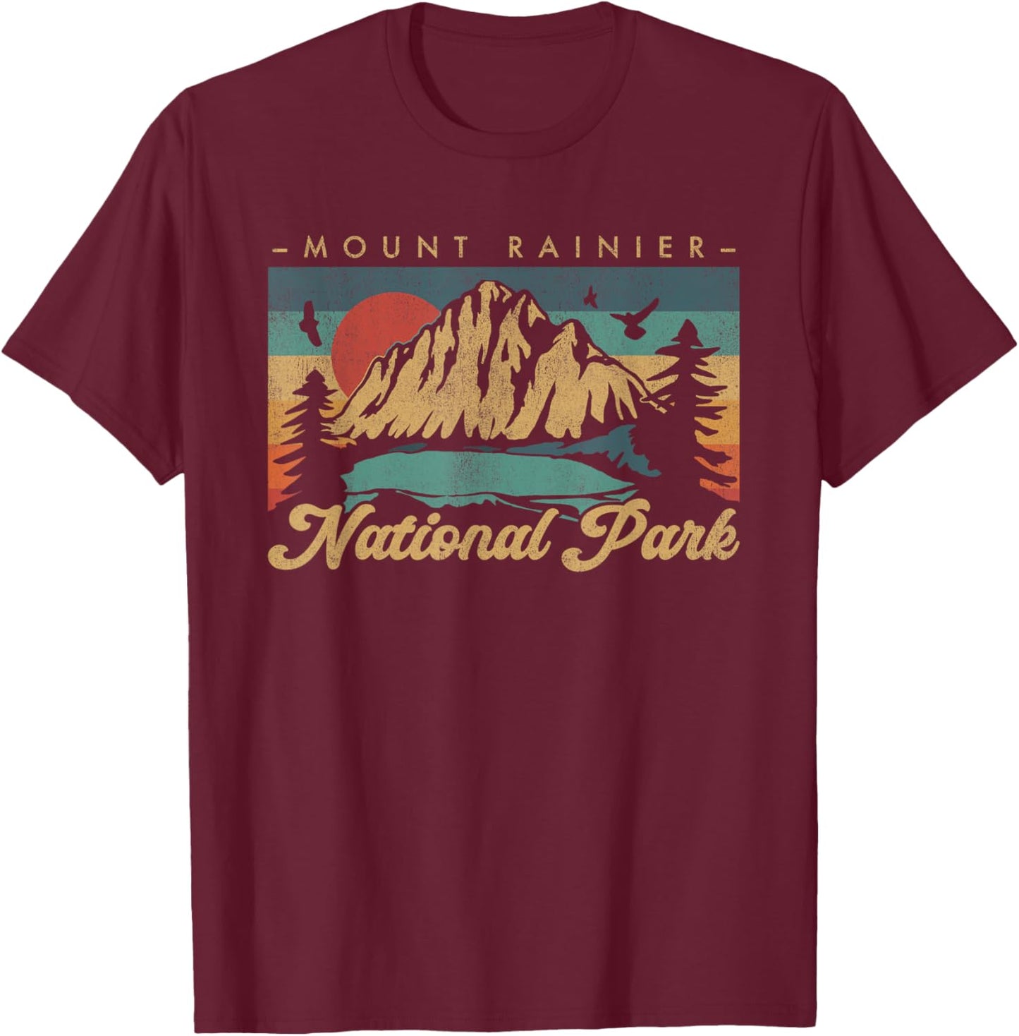 Retro Vintage Graphic Mount Rainier National Park T-Shirt - T-Shirt | Maroon