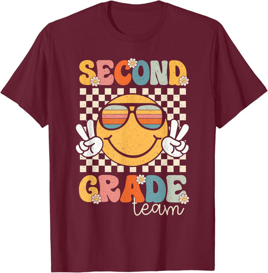 Second Grade Team Smile Retro 1st Day of School 2nd Grade T-Shirt - T-Shirt | Maroon