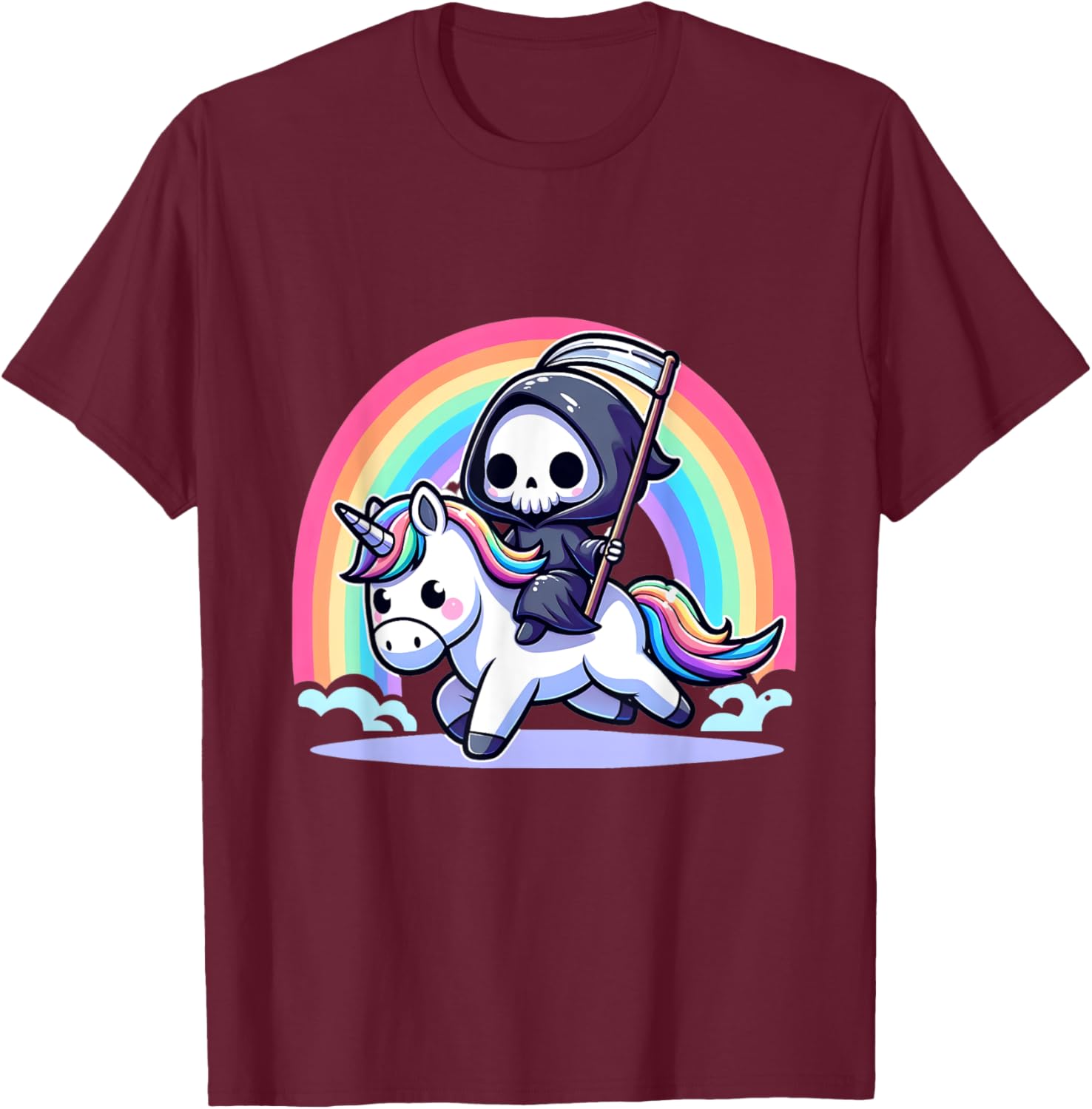 Grim Reaper Riding Unicorn Funny Rainbow Heavy Metal T-Shirt - T-Shirt | Maroon