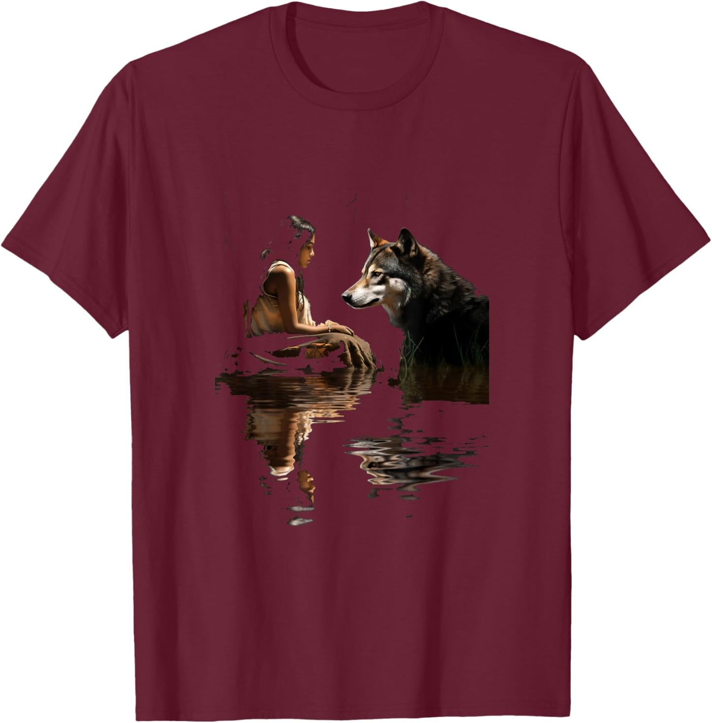 Native American Woman Girl and Wolf In The Lake Indian T-Shirt - T-Shirt | Maroon