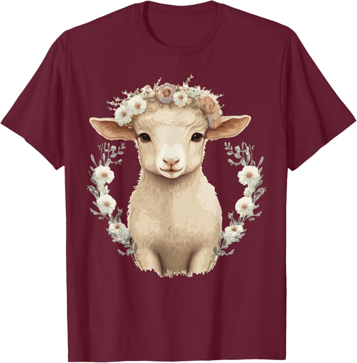 Cute Lamb Flower Crown Sheep Baby Floral Farm Animal Pet T-Shirt - T-Shirt | Maroon