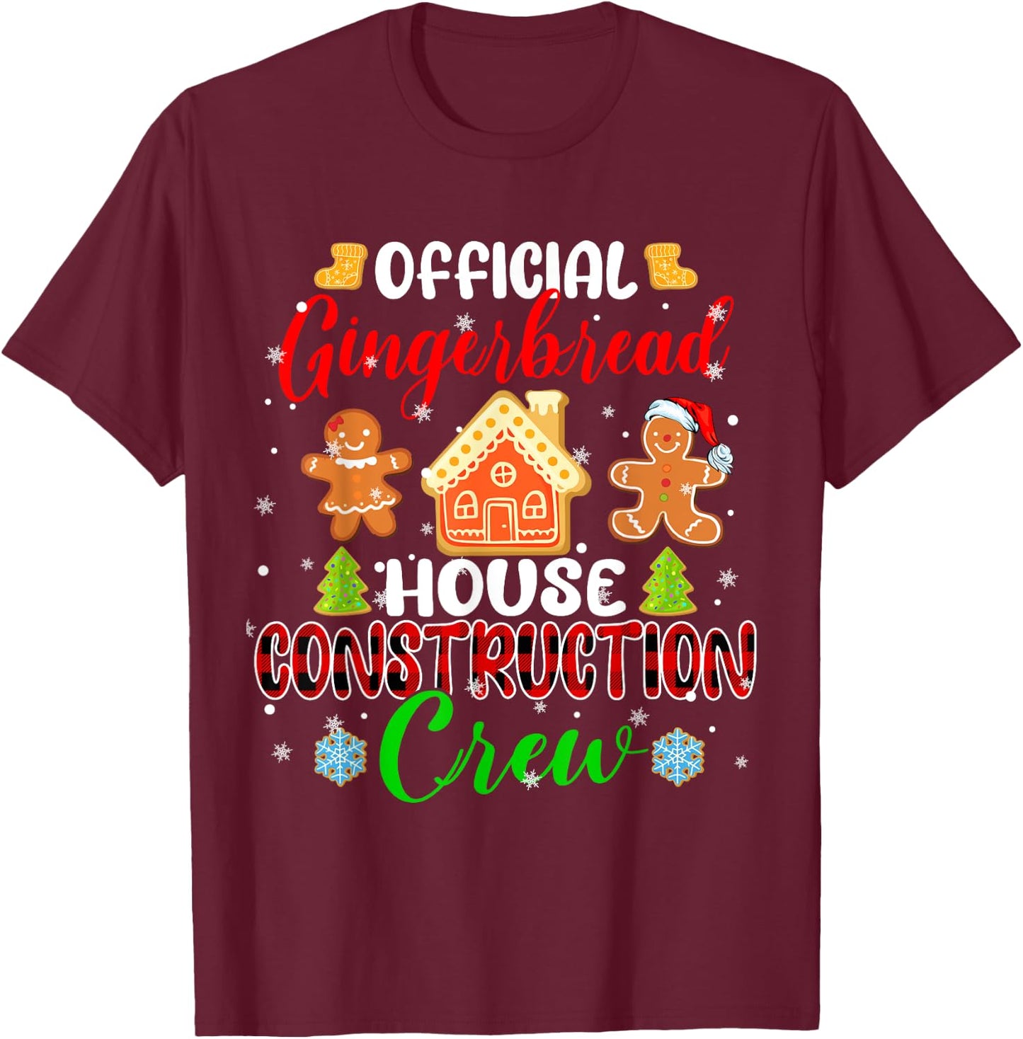 Official Gingerbread House Construction Crew Xmas Red Plaid T-Shirt - T-Shirt | Maroon