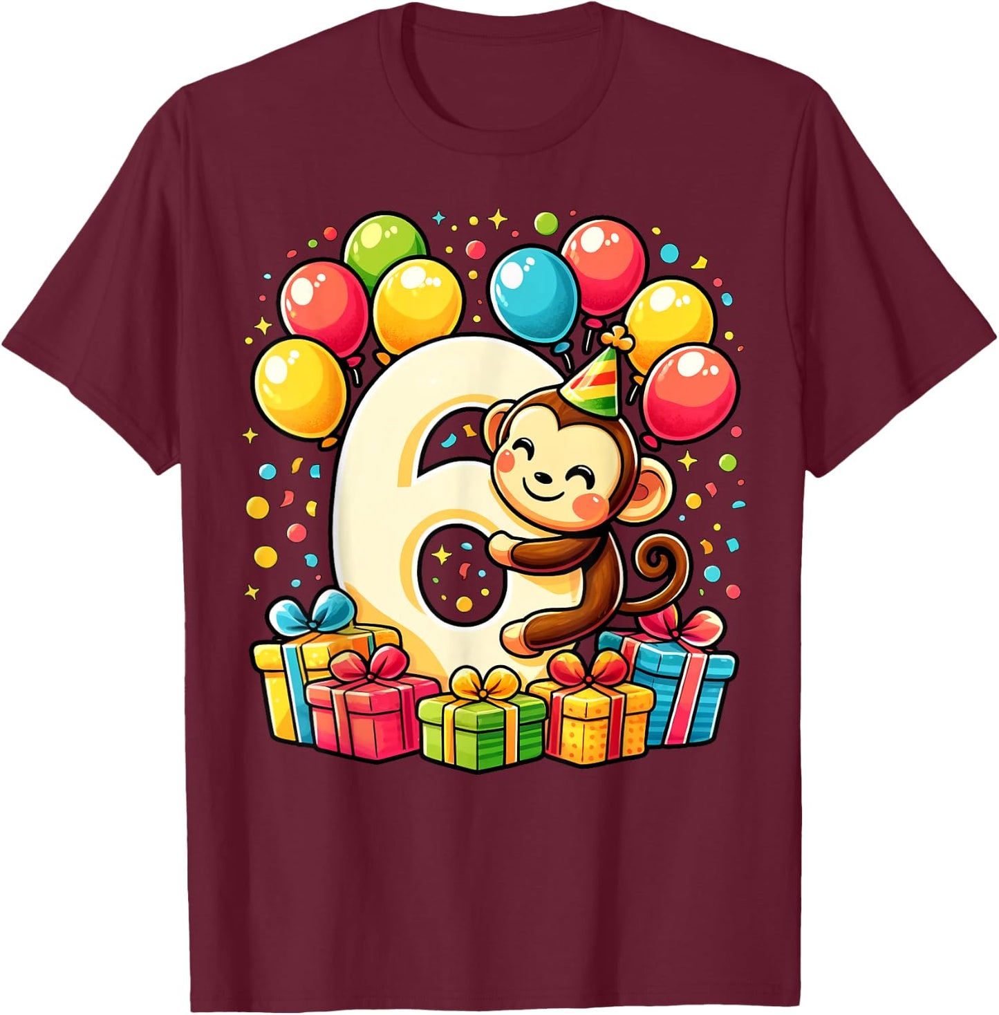 Bday sixth Boys, Girls, Kids age six 6th birthday Monkey T-Shirt - T-Shirt | Maroon