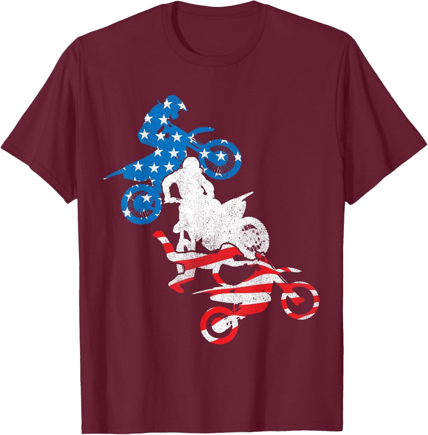 Dirt Bike Rider Blue White Red US Flag Motocross 4th of July T-Shirt - T-Shirt | Maroon
