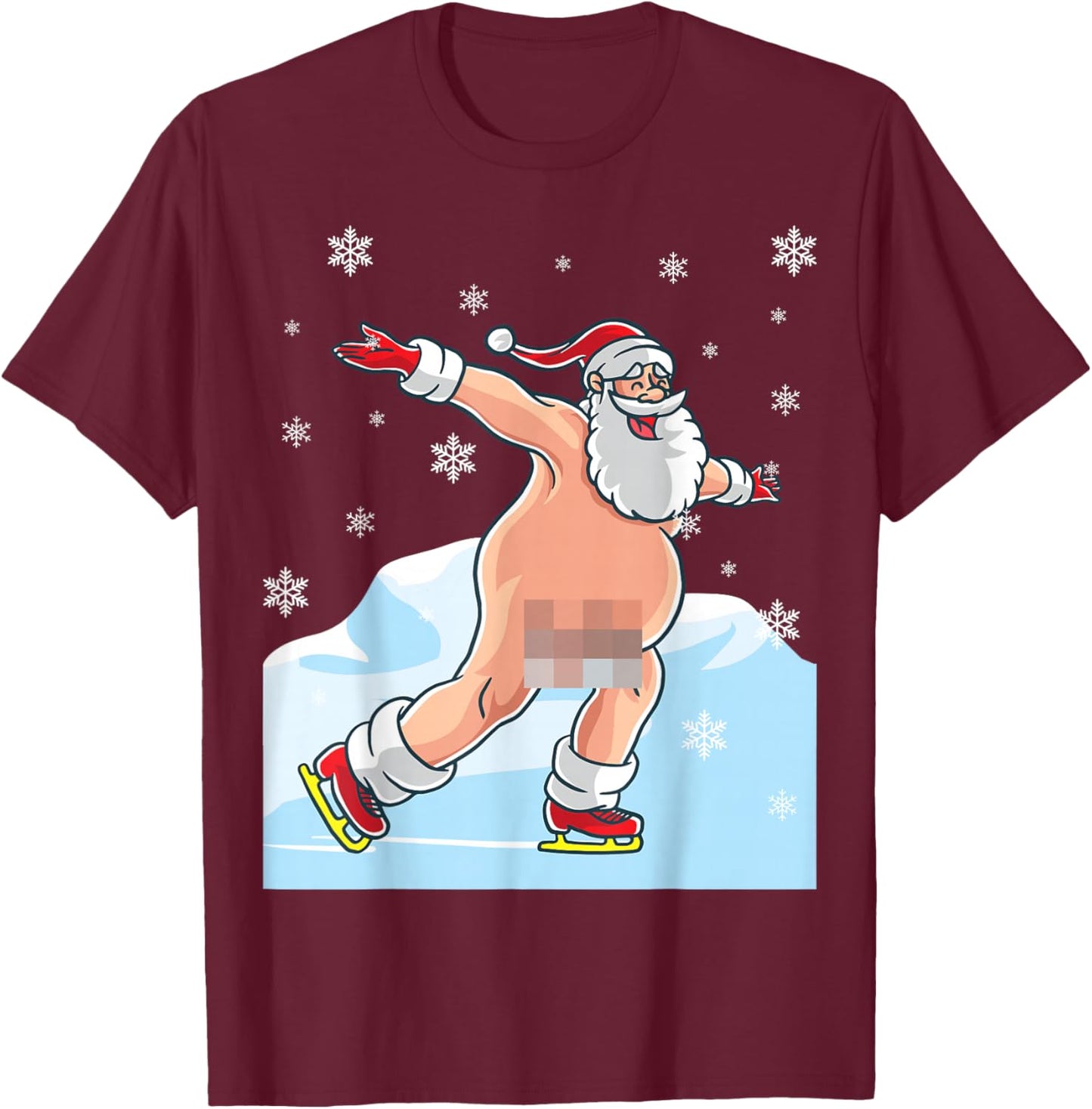 Naked Santa Claus Ice Skating Nude Ugly Christmas Sweater T-Shirt - T-Shirt | Maroon