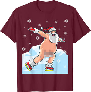 Naked Santa Claus Ice Skating Nude Ugly Christmas Sweater T-Shirt - T-Shirt | Maroon