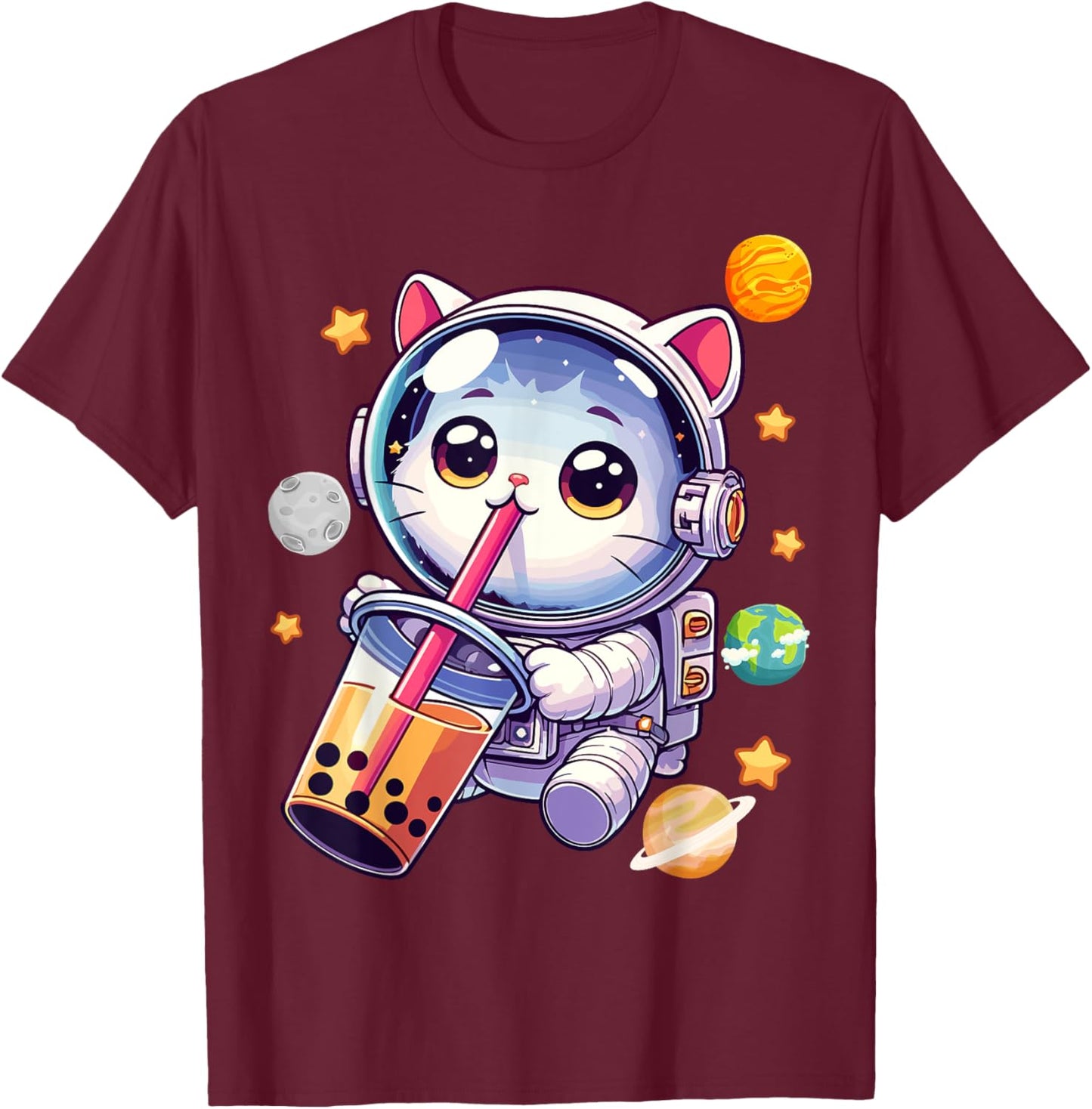 Space Cat Astronaut Boba Tea Boba Cat Galaxy Cute Anime Women Kids T-Shirt - T-Shirt | Maroon