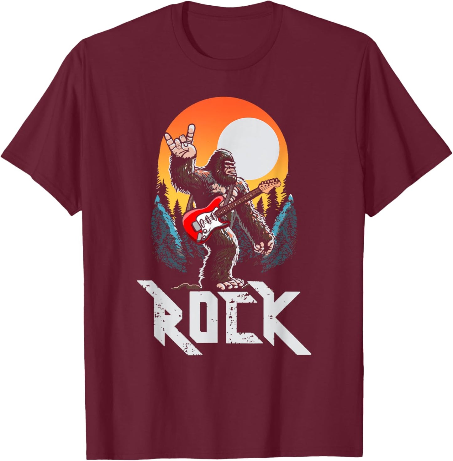 Rock! Sasquatch Rock & Roll Bigfoot Electric Guitar Rock On T-Shirt - T-Shirt | Maroon