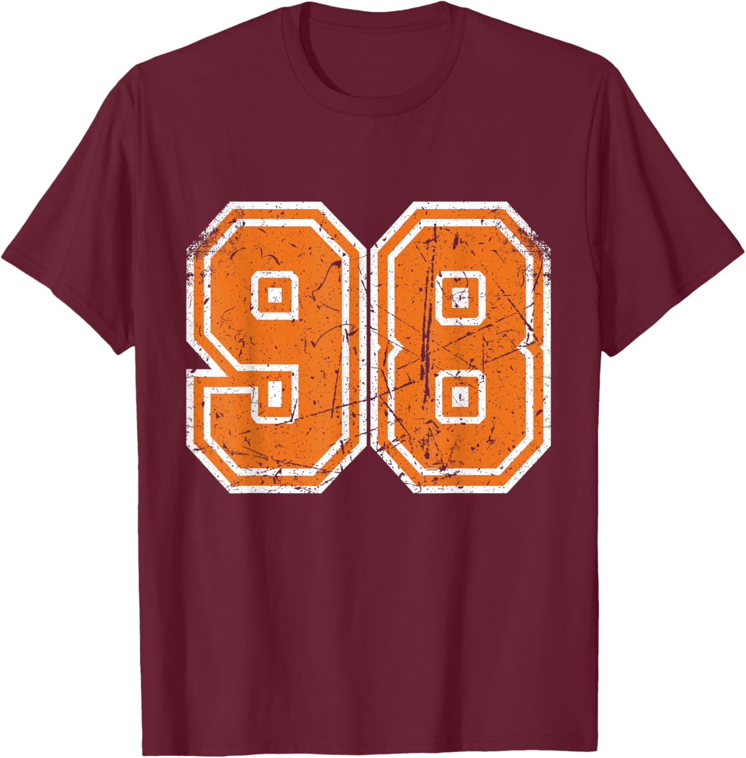Sports Legendz -Adult Vintage Number #98 Orange Varsity Number T-Shirt - T-Shirt | Maroon
