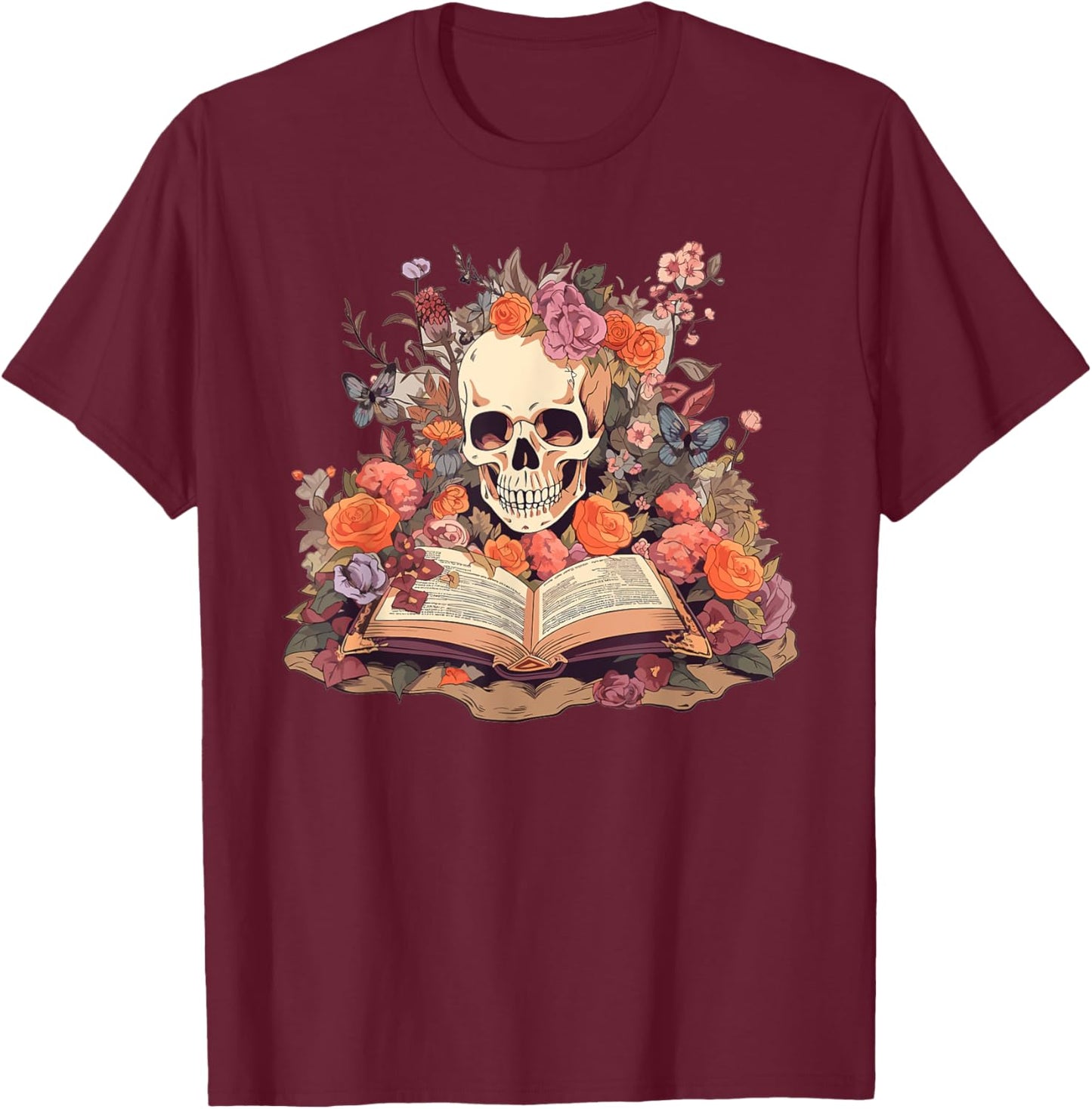 Book Reading Skull Skeleton Flowers Floral Bookish Butterfly T-Shirt - T-Shirt | Maroon