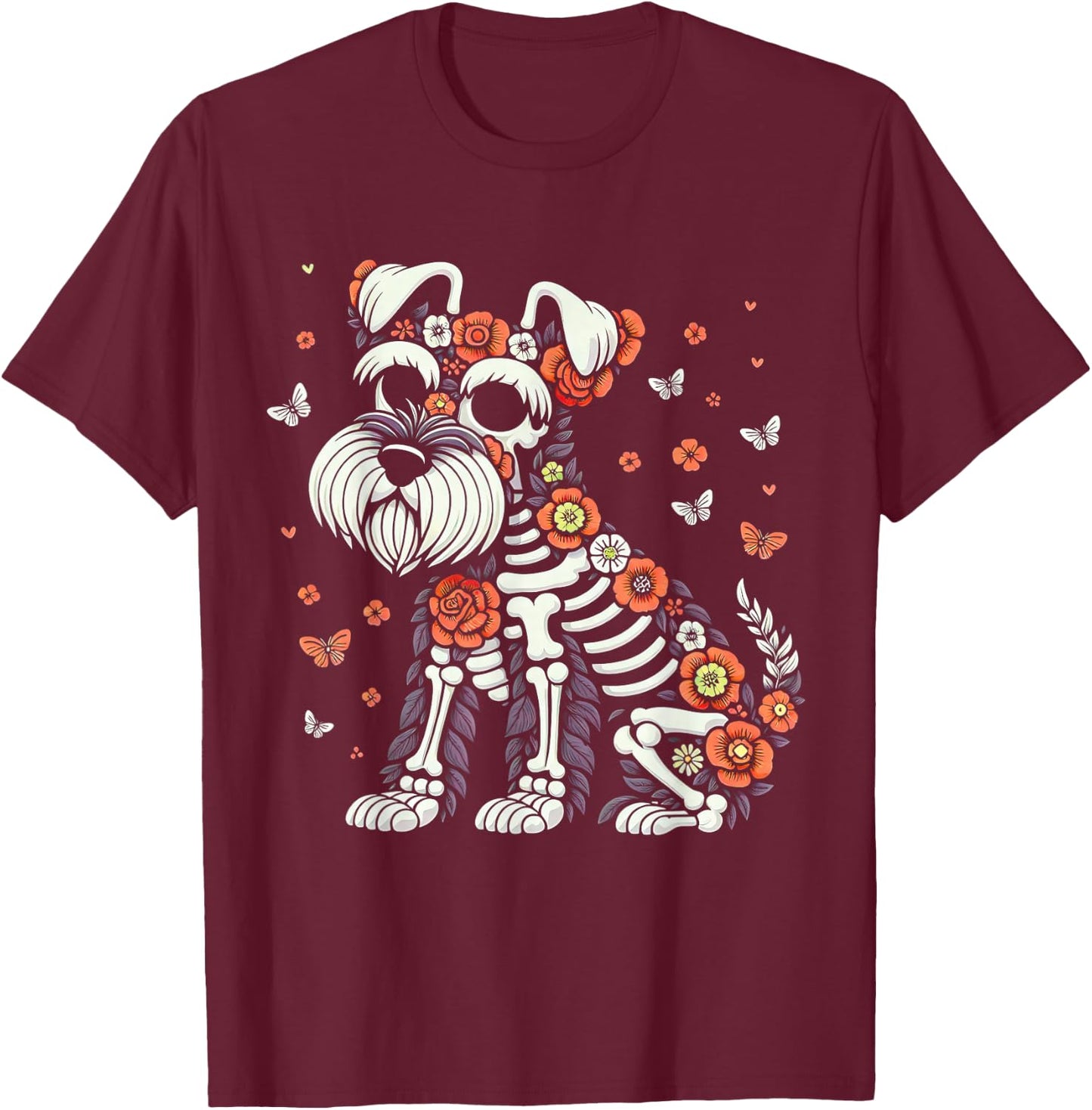 Dia de Los Muertos Schnauzer Sugar Skull Mexican Dogs Lovers T-Shirt - T-Shirt | Maroon