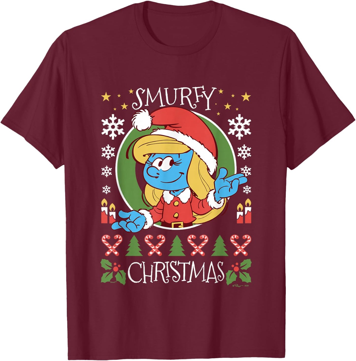 The Smurfs Christmas Smurfy Christmas Smurfette Chest Logo T-Shirt - T-Shirt | Maroon