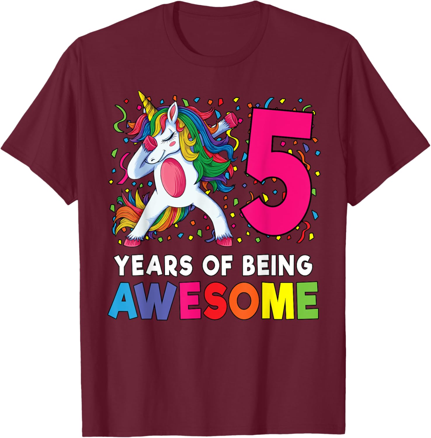 5th Birthday Dabbing Unicorn Party Gift 5 Years Old Girls T-Shirt - T-Shirt | Maroon