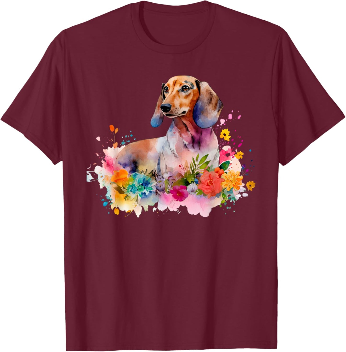 Dachshund Watercolor art Dog Dog breed woman kids floral T-Shirt - T-Shirt | Maroon