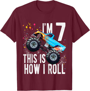 Kids 7 Year Old Shirt 7th Birthday Boy Monster Truck Car T-Shirt - T-Shirt | Maroon